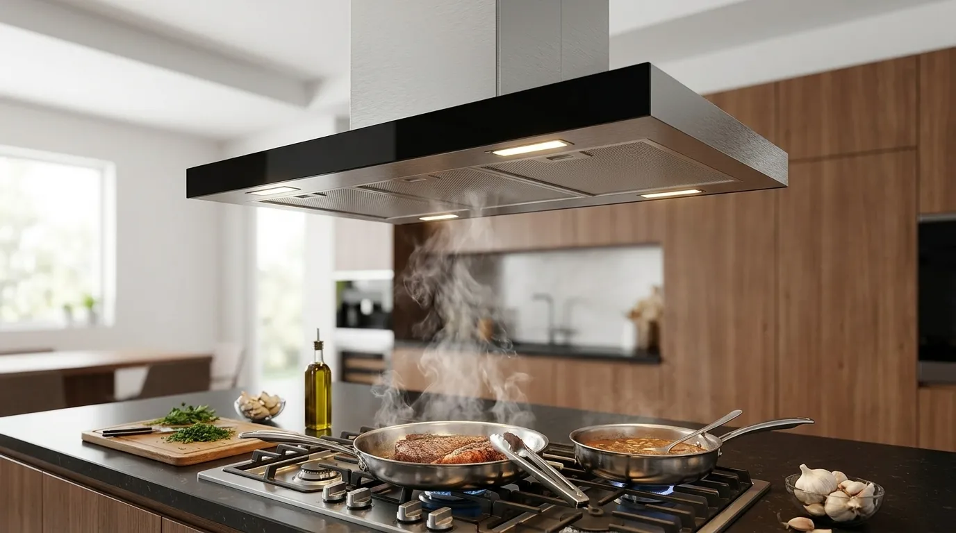 Coifa de ilha em cozinha integrada à sala: a fumaça e o odor ficam no ambiente?